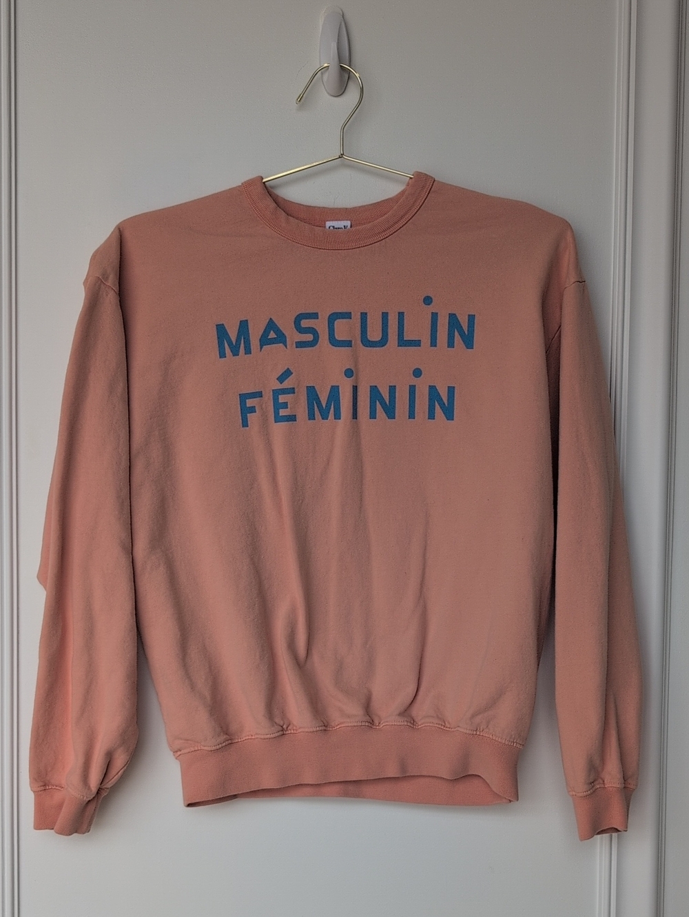 Women's Peach Crewneck Sweatshirt with Blue Lettering